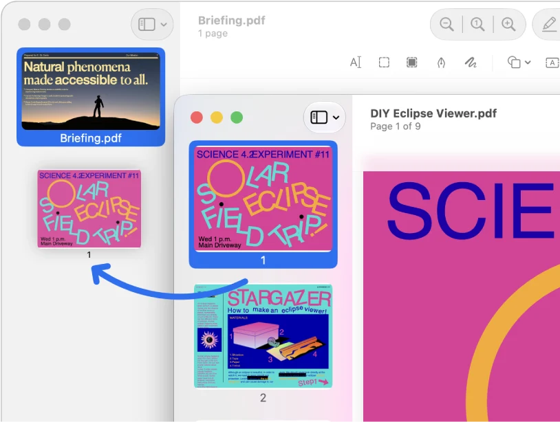 A page thumbnail is dragged from the sidebar of one PDF to the sidebar of another.