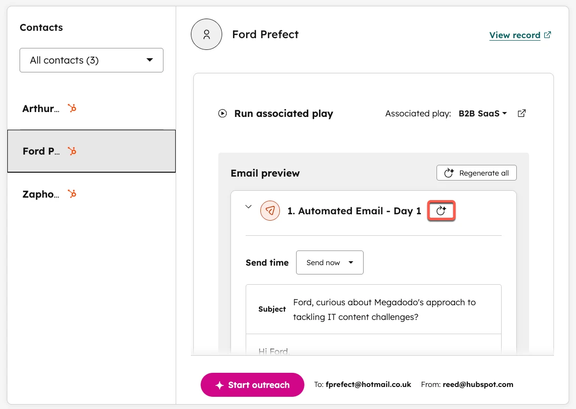 HubSpot’s official sales-workspace screenshot shows an email preview and the regenerate control. Read the draft against its source facts before approving outreach.