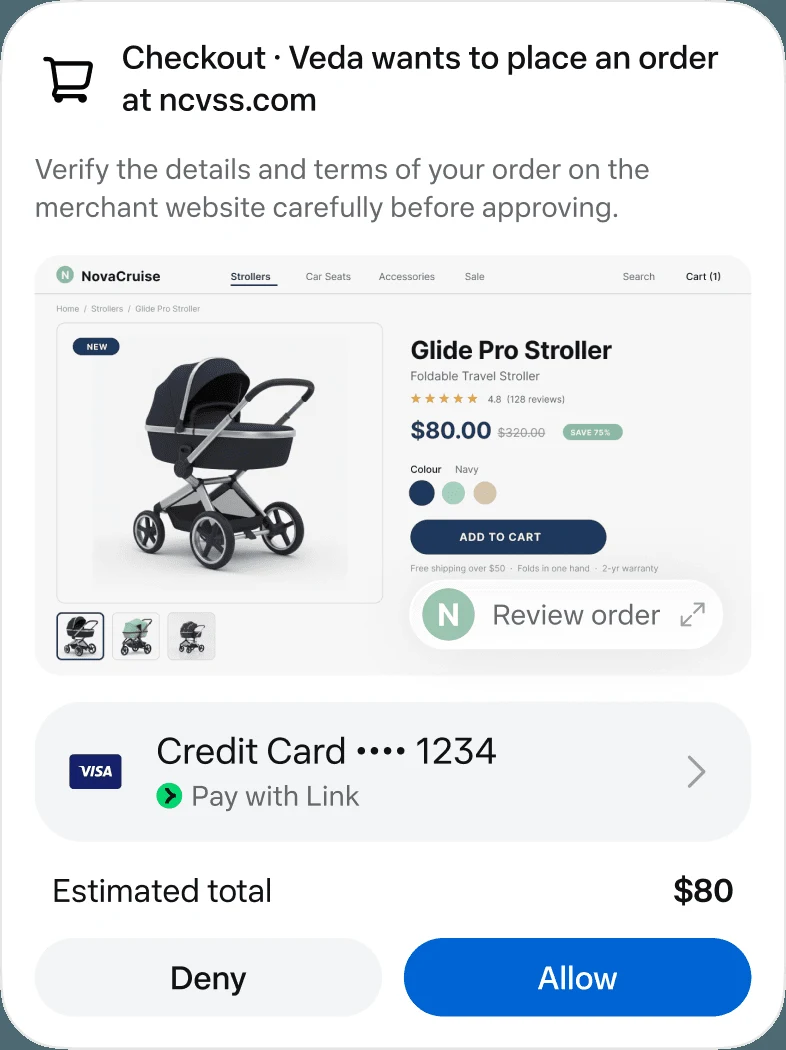 Muse checkout approval screen presents an order for Deny or Allow. An approval for this action is separate from permission to read connected information.