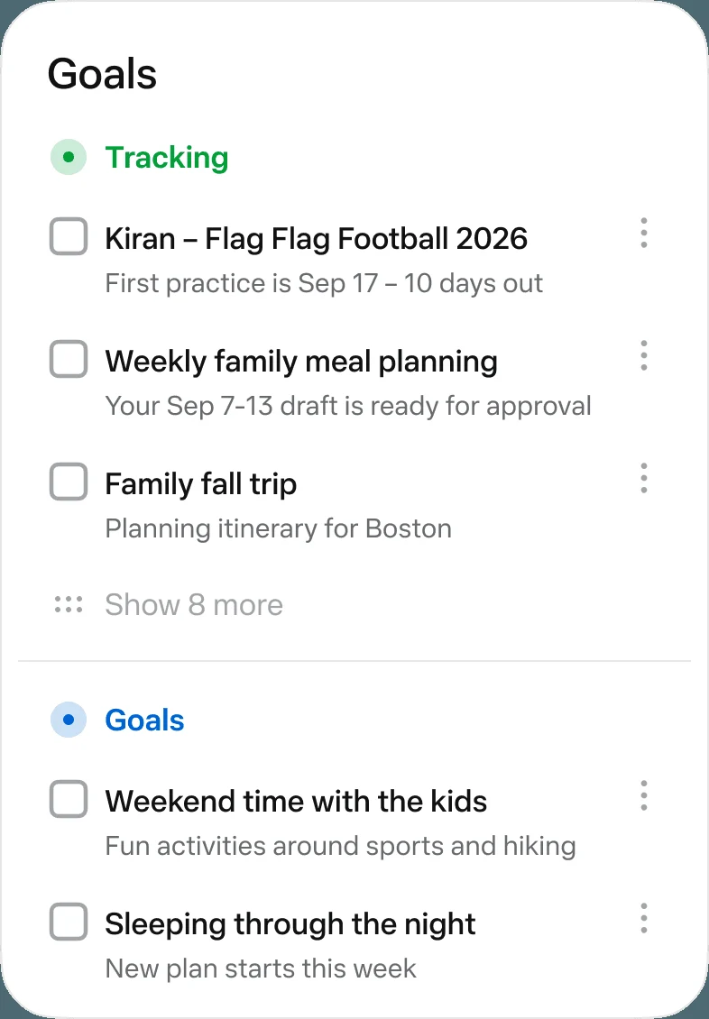 Muse Goals view separates tracked goals from other saved goals. Use a concrete recurring goal rather than an open-ended request.
