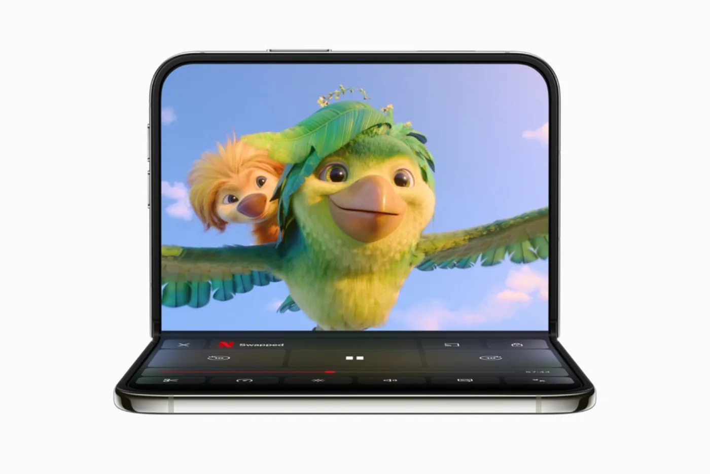 Apple illustration showing Netflix on a partially folded iPhone Duo — Apple press illustration