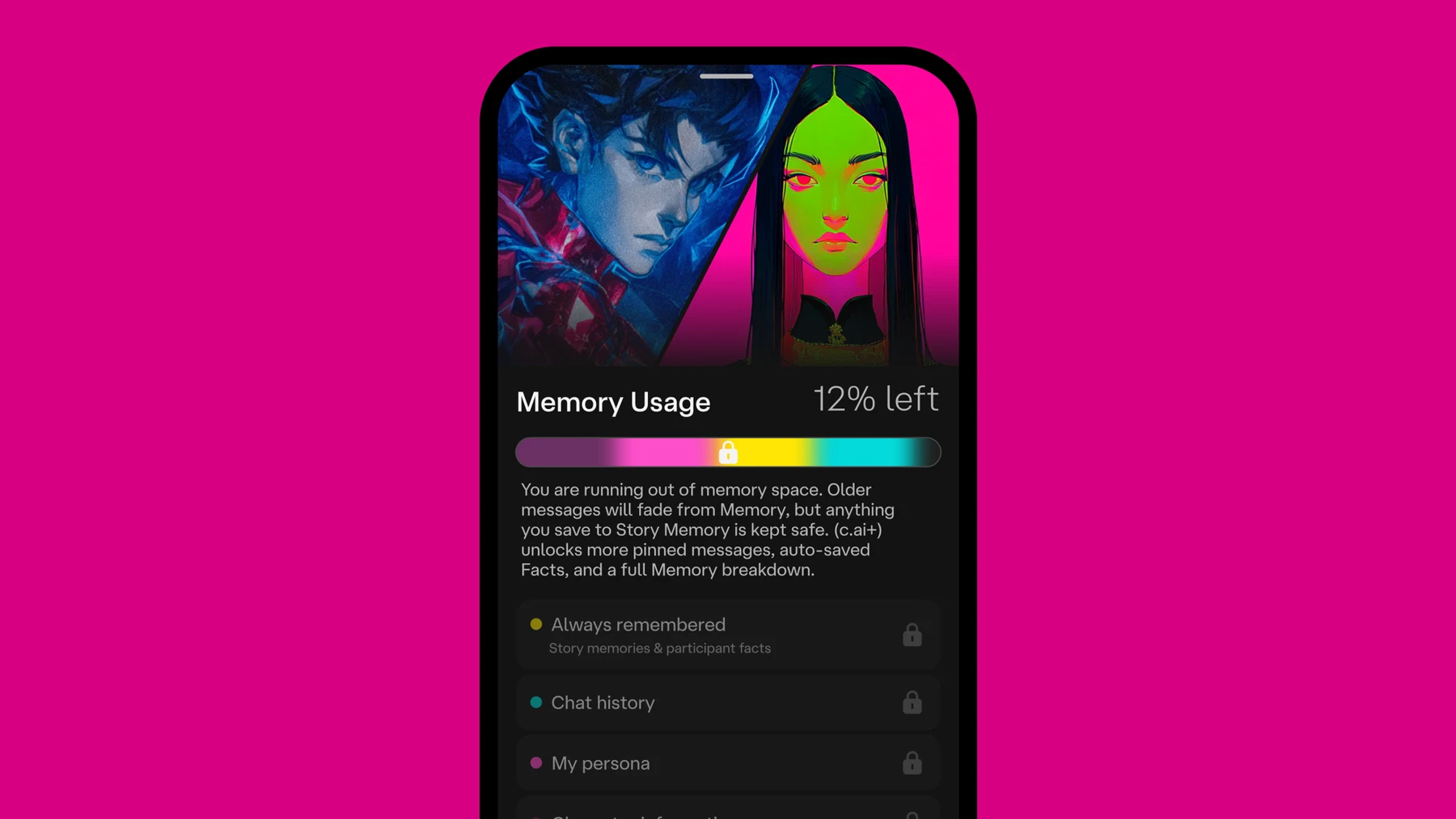 Character.AI Memory Usage view makes context limits visible. Available memory controls depend on the current account and feature rollout.