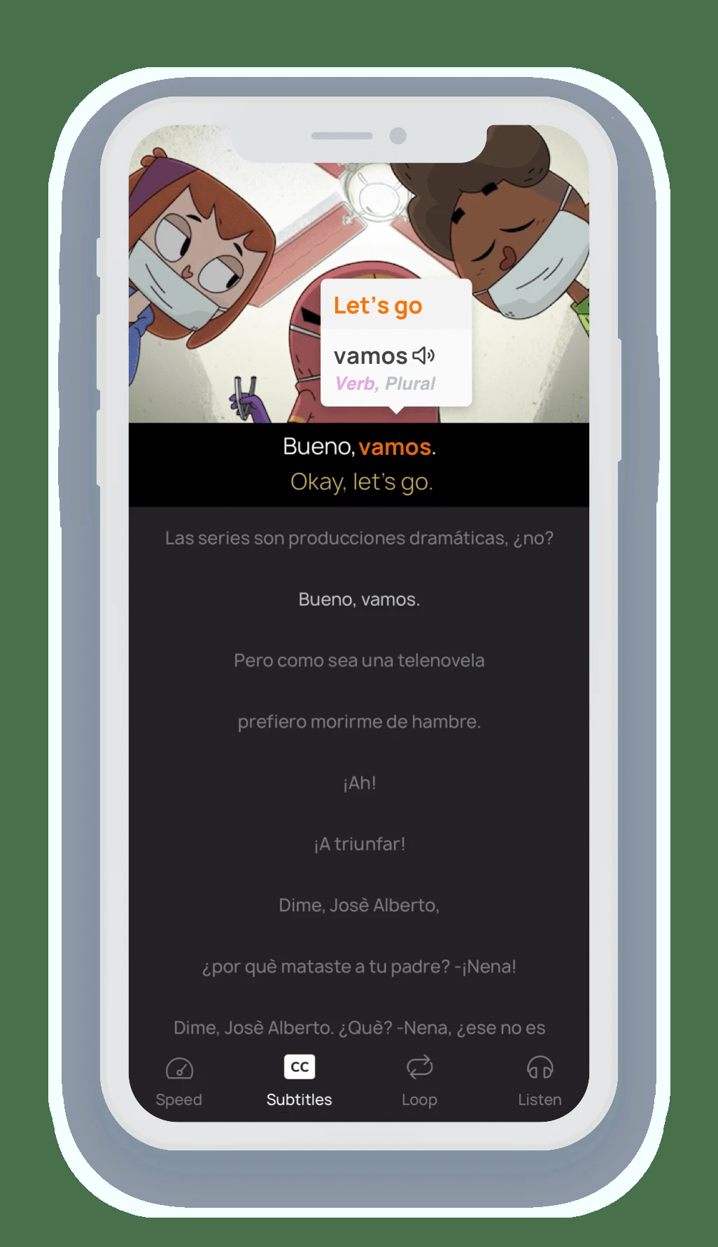 Lingopie’s mobile player example places subtitle and vocabulary controls alongside the current scene.