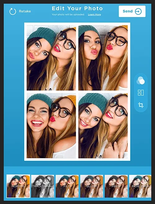 Simple Booth’s HALO iPad interface shows a captured photo layout and editing controls. This is a real booth workflow rather than an illustration of a camera.
