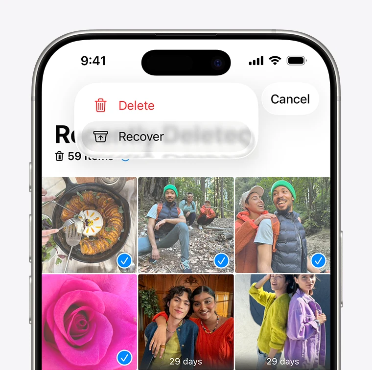 Apple’s Recently Deleted screenshot shows selected items and the Recover command. This built-in route is the first place to check for a recently deleted photo.