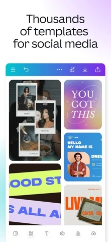 Canva’s official iPhone screenshot shows its template gallery, including multi-photo designs. Template appearance does not establish that every element is free.