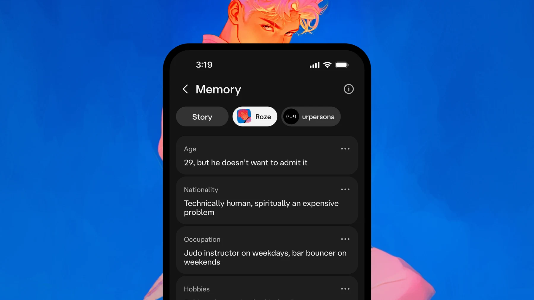 Character.AI Memory Facts interface separates remembered details into categories. Review saved facts when a conversation starts using the wrong context.