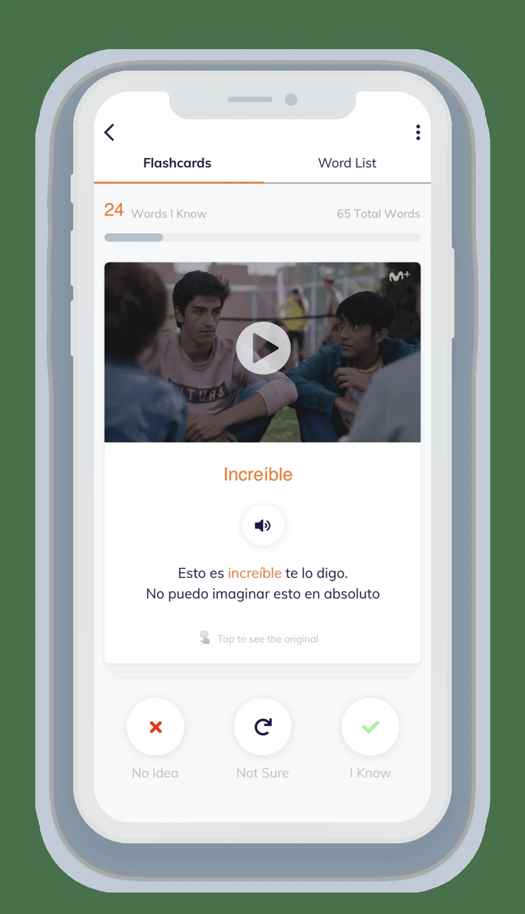 Lingopie’s mobile lesson view combines a clip with study controls and text. The screen is a provider-published interface example.