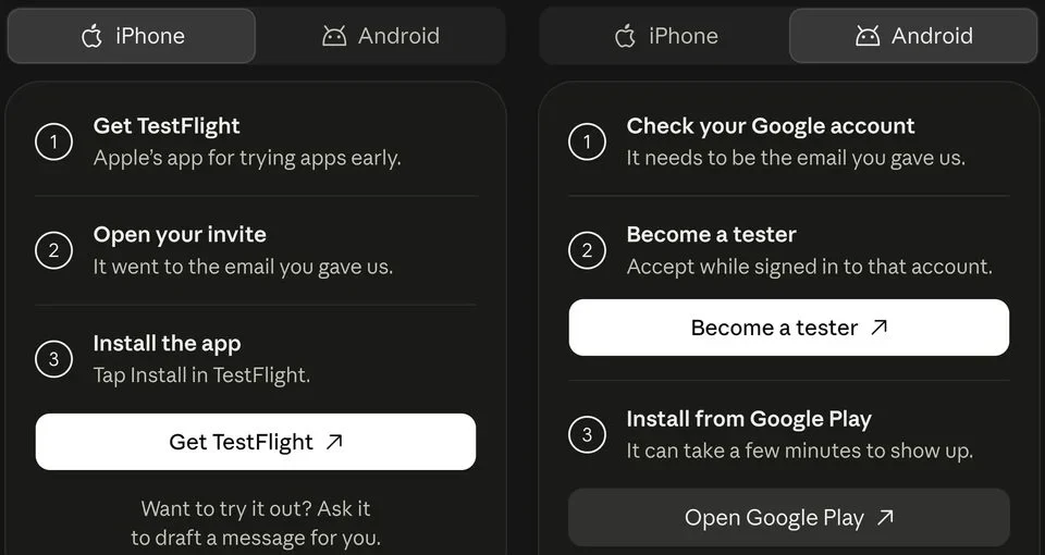 VentureBeast’s captured setup panels show the iPhone TestFlight and Android tester routes. Follow your current official invitation if its steps differ.