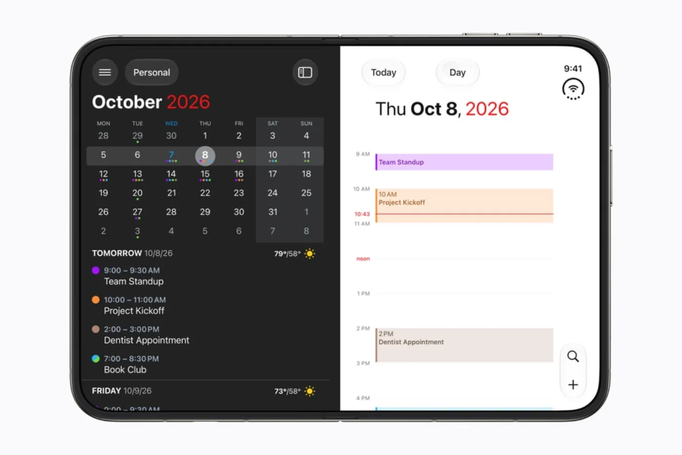 Apple illustration showing the Fantastical calendar on an unfolded iPhone Duo