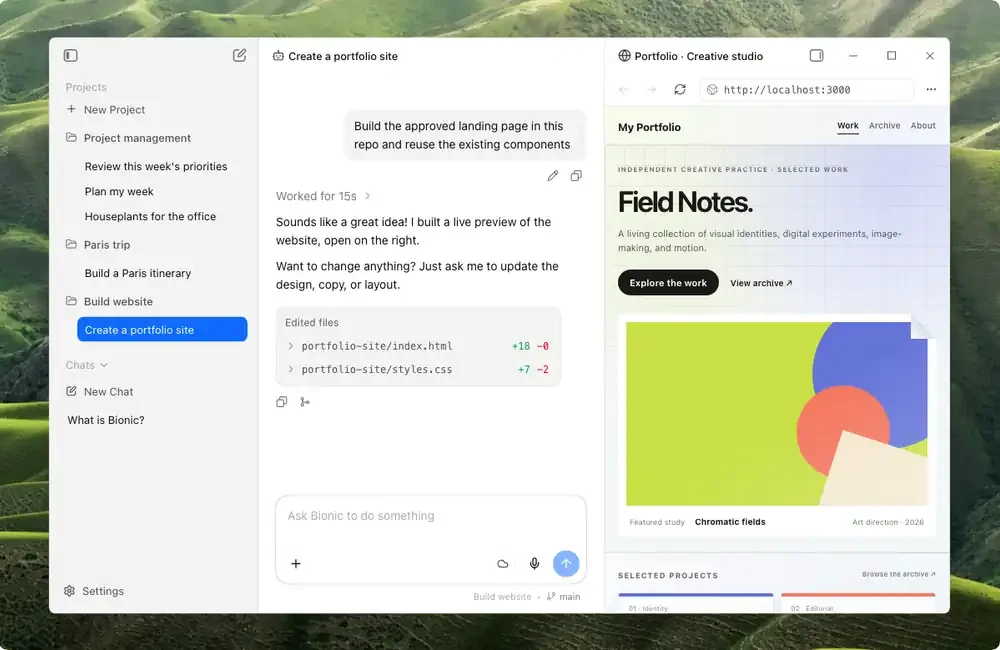 LM Studio’s published desktop workspace example shows a local project and generated content. The pictured window is a Windows example; it does not establish Mac-specific controls or guarantee that every connected tool stays offline.