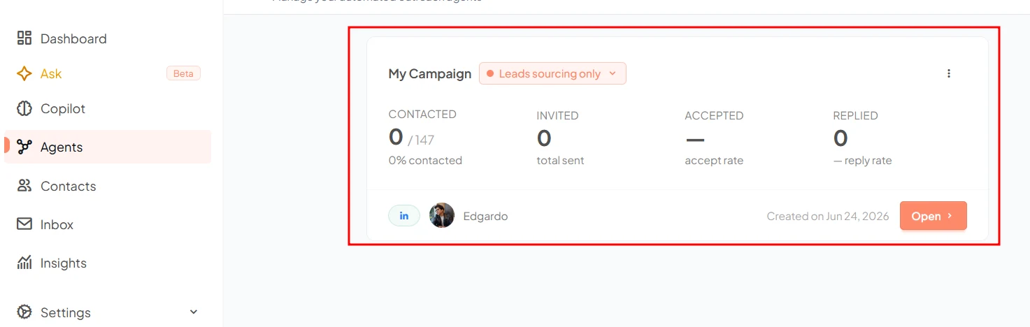 Gojiberry’s campaign view shows the configured agent and campaign progress. Verify the campaign’s scope before starting automated work.