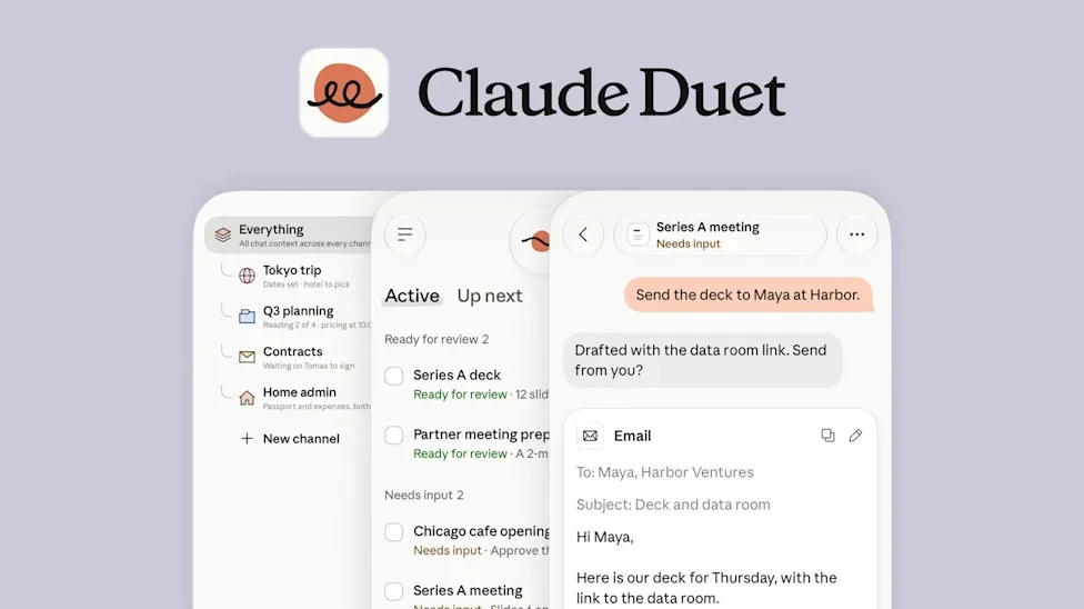 Anthropic’s Claude Duet screenshots show organized work, active tasks and a prepared email. Image supplied by Anthropic and published by Engadget/Yahoo.