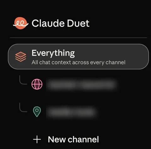 Claude Duet channel menu, as captured by VentureBeast. Channels organize context; connecting a source still requires checking its access scope.