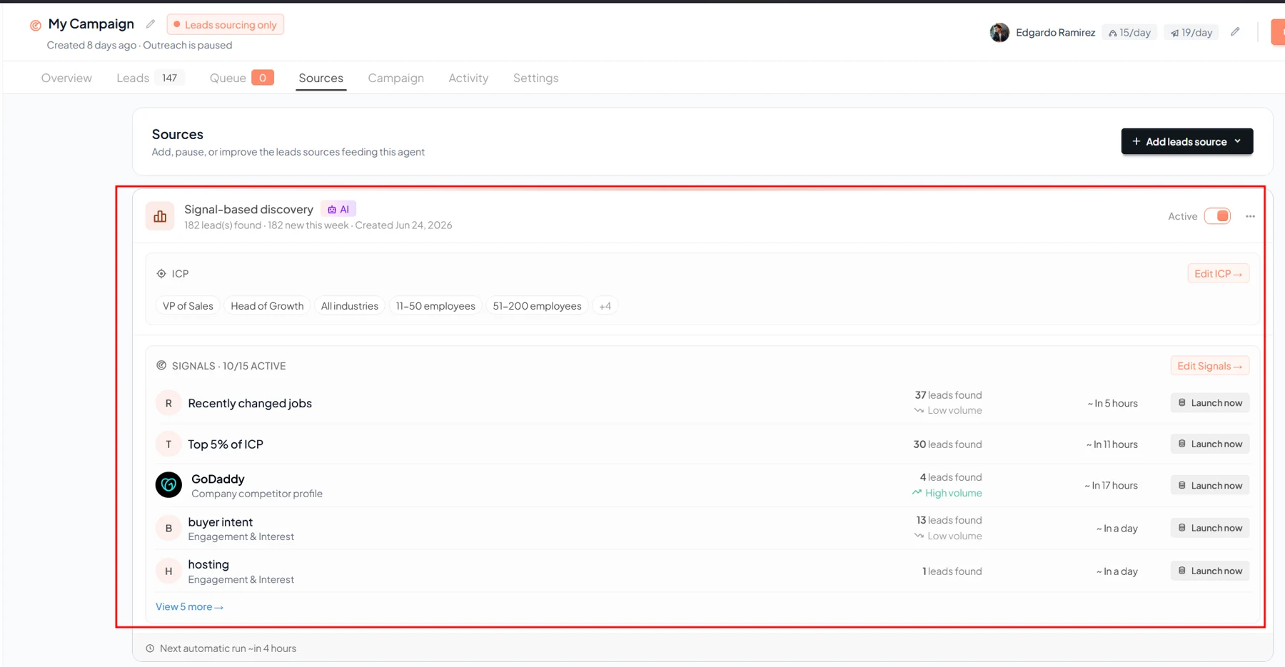 Gojiberry’s help article shows a campaign’s intent-signal source configuration. Choose a signal that has a clear connection to the account you want to research.