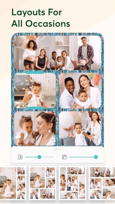 PicCollage’s official iPhone screenshot shows a multi-photo layout, frame controls and alternative arrangements. Use it to distinguish adjustable layouts from a simple combined image.